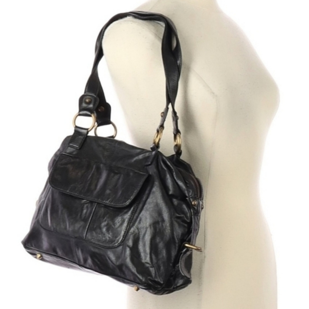 HOBO Int'l Black Leather Satchel Bag with Atlas Interior